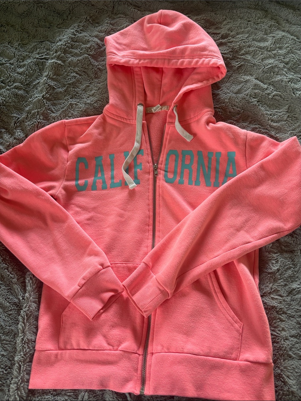 Forever 21 Coral Pink Zip-Up Hoodie with Turquoise Lettering